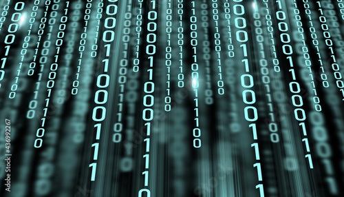 LED light text number one and zero. Binary code on the monitor screen.