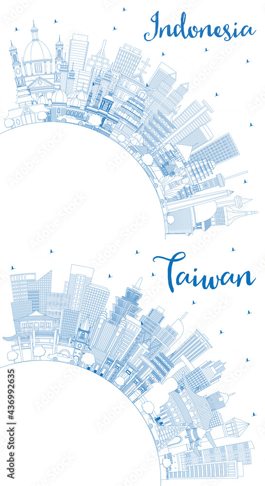 Outline Taiwan and Indonesia Cities Skyline Set with Blue Buildings and Copy Space.