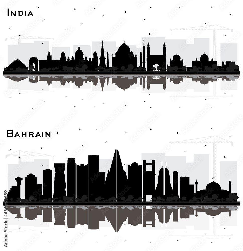 Bahrain and India City Skyline Silhouette Set.