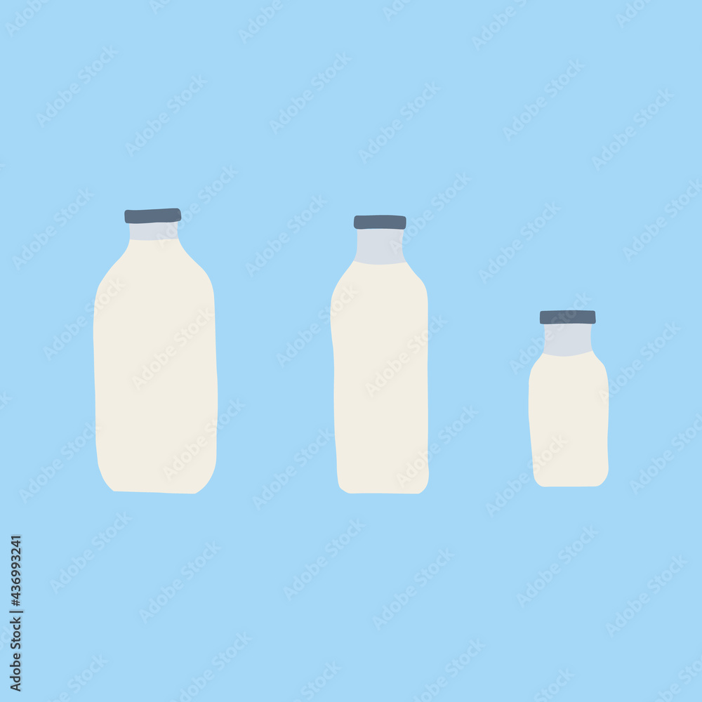 Hand drawn doodle line vector illustration set of milk, kefir in different glass bottles. Isolated on blue background. Hand drawn doodle line vector illustration set of milk, kefir in different glass bottles. Isolated on blue background.