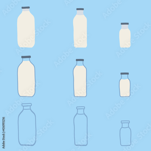 Hand drawn doodle line vector illustration set of milk, kefir in different glass bottles. Isolated on blue background.