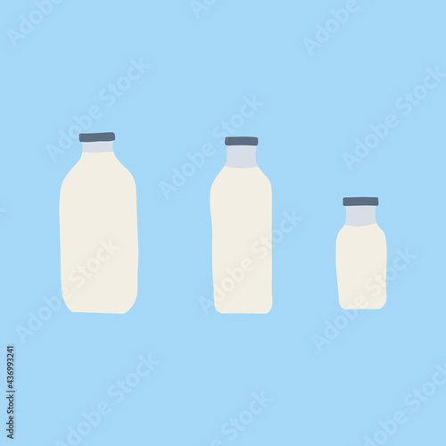 Hand drawn doodle line vector illustration set of milk, kefir in different glass bottles. Isolated on blue background.