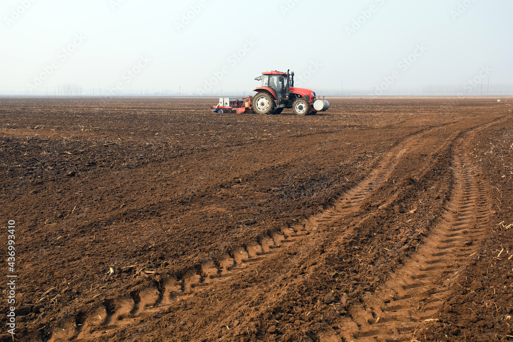 Farmers drive planters to grow peas on the farm Farmers drive planters to grow peas on the farm