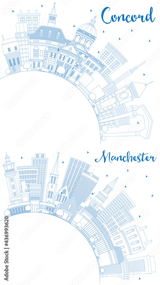 Outline Manchester and Concord New Hampshire City Skyline Set.