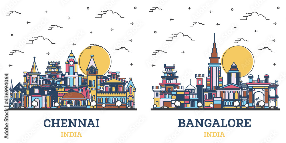 Outline Bangalore and Chennai India City Skyline Set.