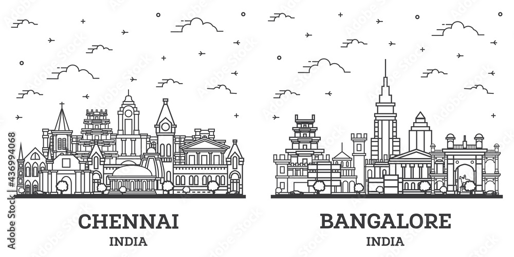 Outline Bangalore and Chennai India City Skyline Set.