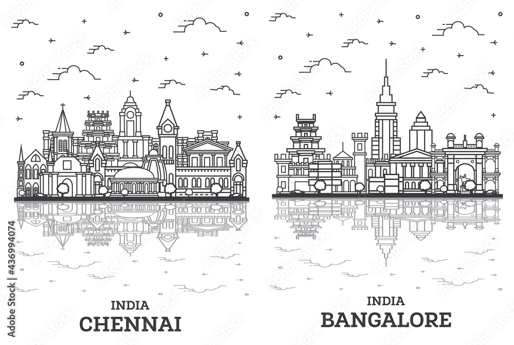 Outline Bangalore and Chennai India City Skyline Set.