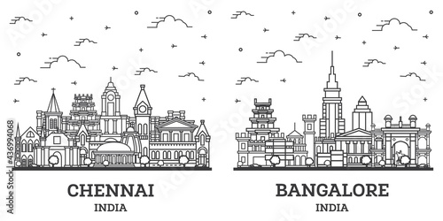 Outline Bangalore and Chennai India City Skyline Set.