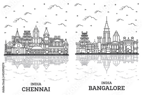 Outline Bangalore and Chennai India City Skyline Set. photo