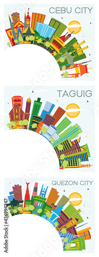 Cebu City, Taguig and Quezon City Philippines City Skyline Set.