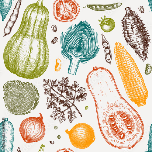 Seasonal vegetables seamless pattern. Harvest festival vector background. Hand sketched herbs, vegetables, mushrooms illustration. Health food ingredients backdrop