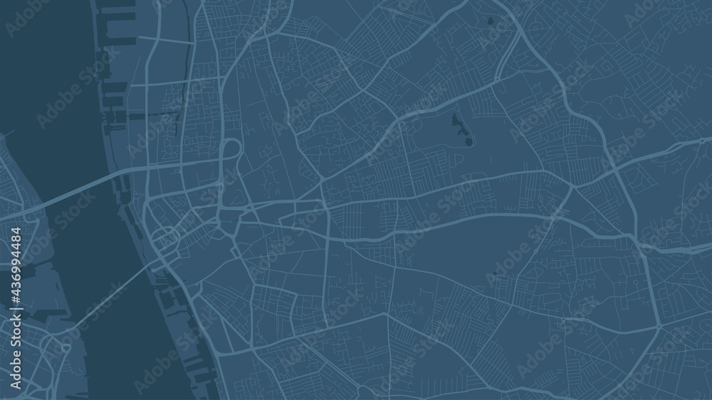Blue Liverpool city area vector background map, streets and water cartography illustration.