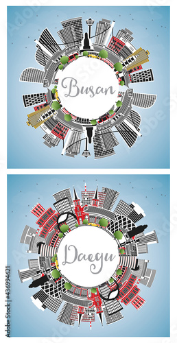 Daegu and Busan South Korea City Skyline Set.