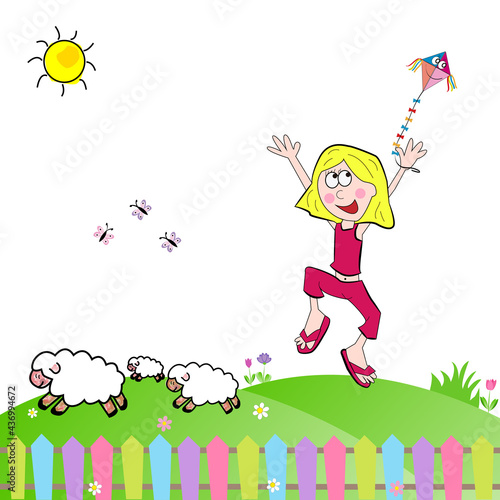 Niña alegre saltando en campo con ovejas.