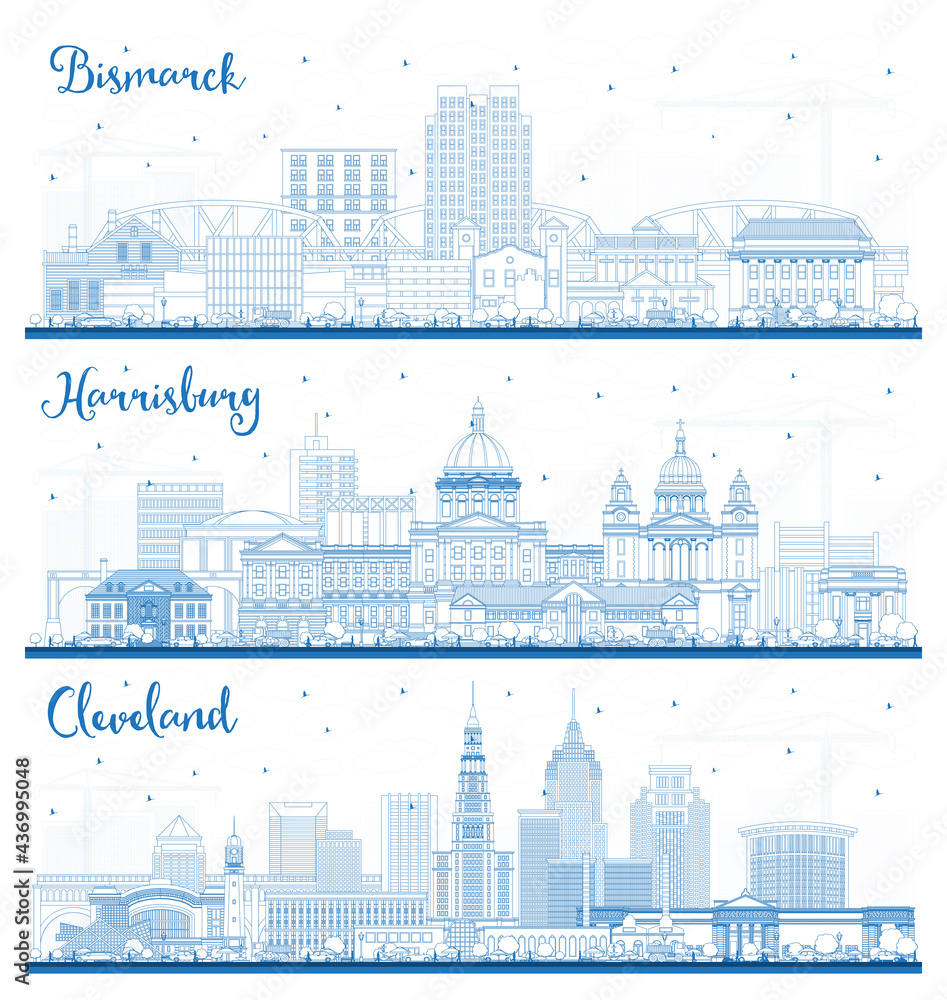 Outline Harrisburg Pennsylvania, Cleveland Ohio and Bismarck North Dakota City Skyline Set with Blue Buildings.
