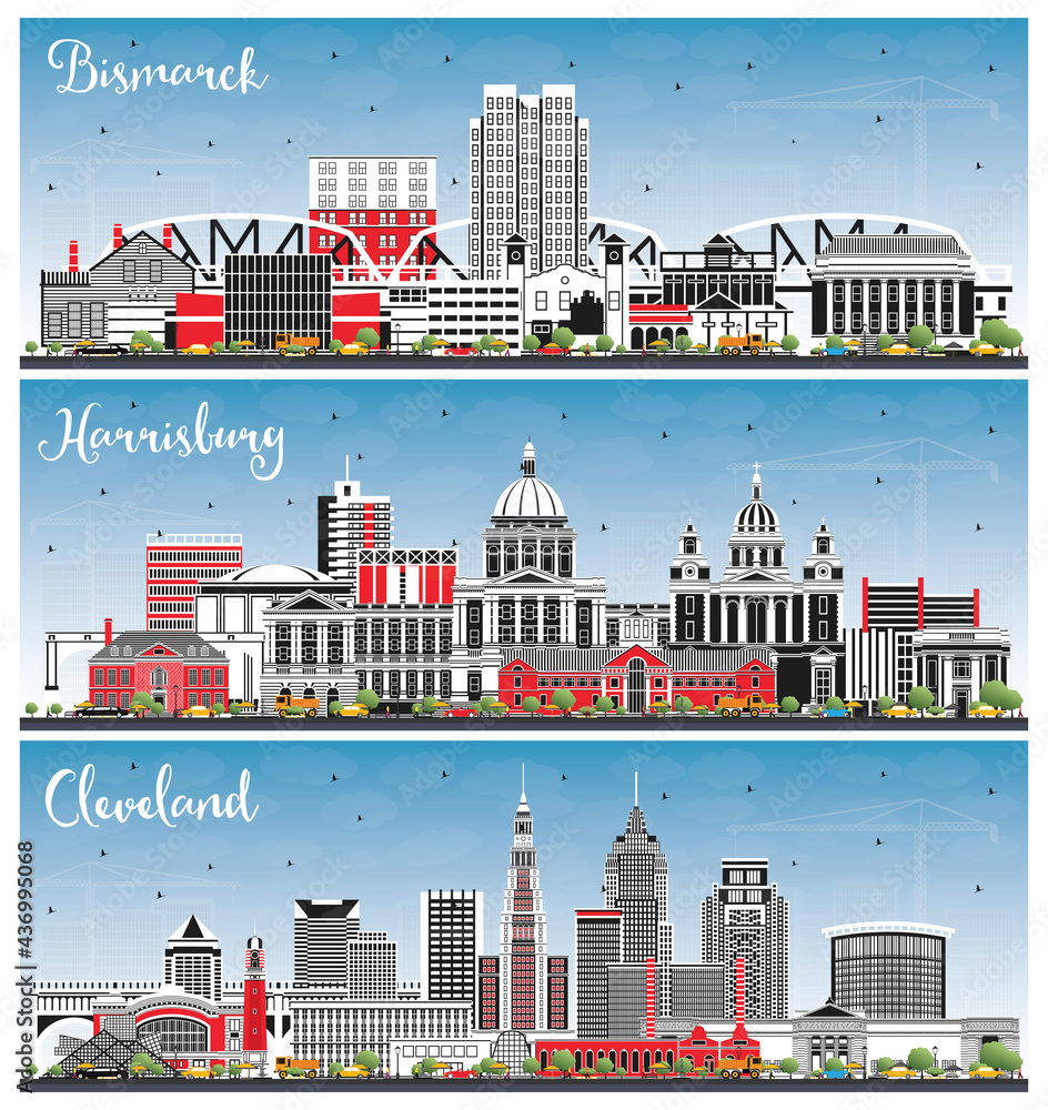Harrisburg Pennsylvania, Cleveland Ohio and Bismarck North Dakota City Skyline Set.