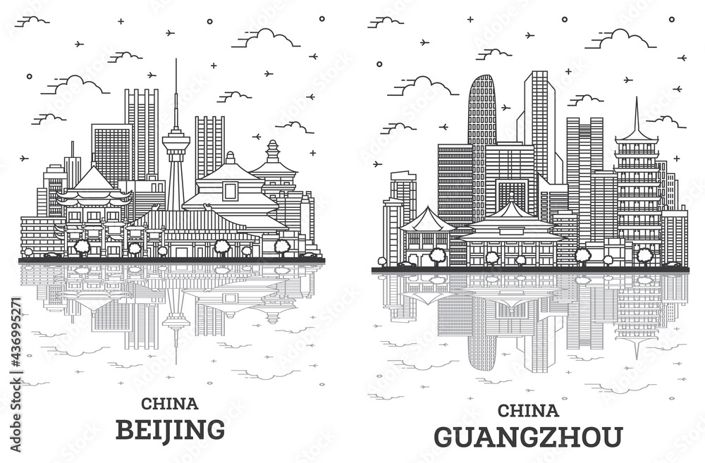 Fototapeta premium Outline Guangzhou and Beijing China City Skyline Set.