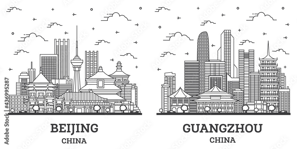 Outline Beijing and Guangzhou China City Skyline Set.