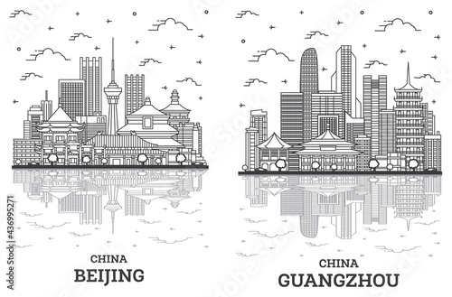 Outline Guangzhou and Beijing China City Skyline Set.