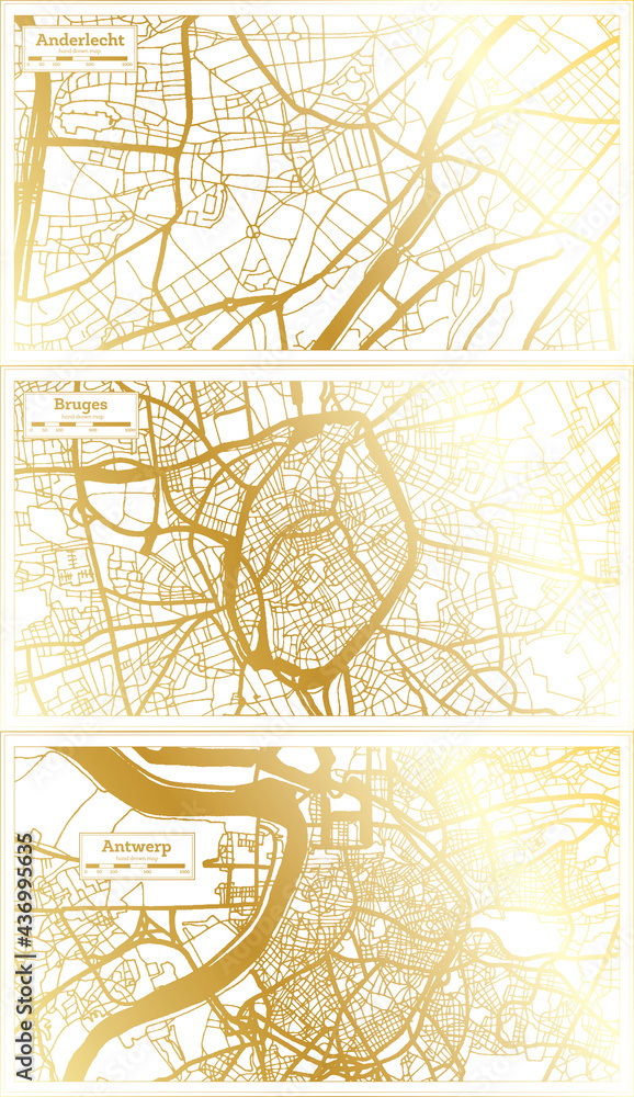 Bruges, Antwerp and Anderlecht Belgium City Map Set.