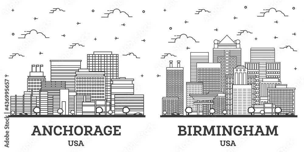 Outline Birmingham Alabama and Anchorage Alaska USA City Skyline Set.