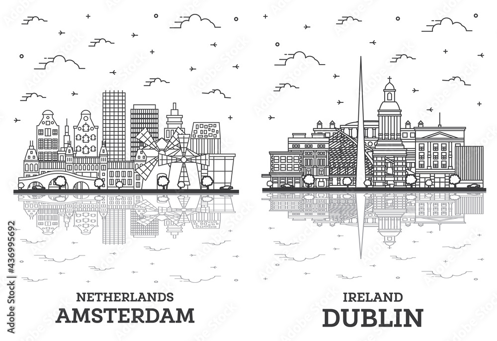 Fototapeta premium Outline Dublin Ireland and Amsterdam Netherlands City Skyline Set.