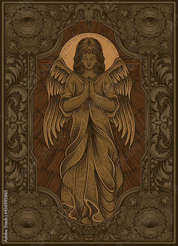 illustration angel praying with vintage engraving style