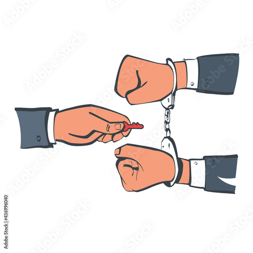 Break free sketch design. Prisoner release. Freedom concept. Man in handcuffs. Key is in the hands of freedom. Vector illustration. Isolated on white background. Unlocking handcuffs. End of arrest.
