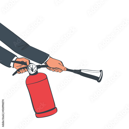 Extinguish fire. Fireman hold in hand fire extinguisher. Vector illustration sketch design. Isolated on white background. Protection from flame. Show training instructions. Foam from nozzle.
