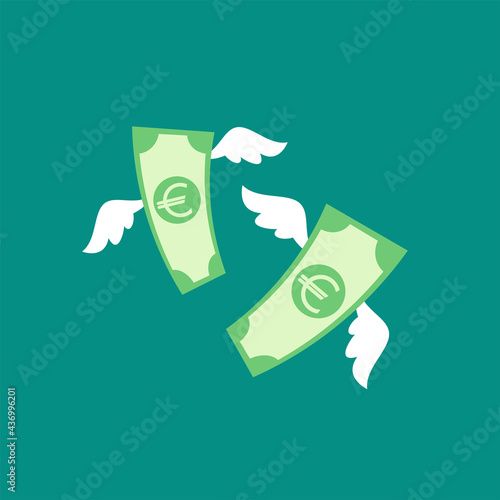 euro banknote with white wings. Flat blue background. Flying money.