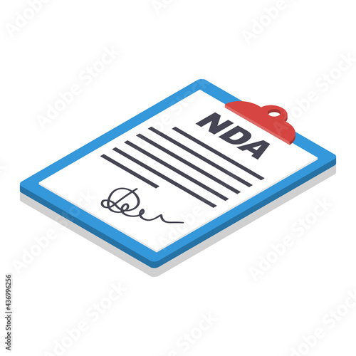 Non Disclosure Agreement document with signature and stamp. NDA concept. Privacy document. Vector illustration isometric 3d icon. Cartoon design.