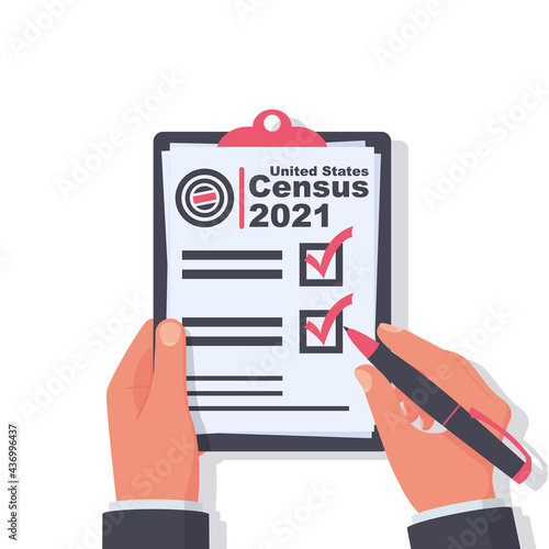 Census 2021. The process of collecting and analyzing population demographic data. A government worker makes a census. Clipboard in pen in hand. Vector illustration flat design. Folder with documents.