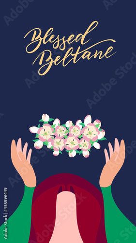 Blessed Beltane - vector illustration for wiccan celebration of may day, witchcraft ritual. For poster, card, banner.