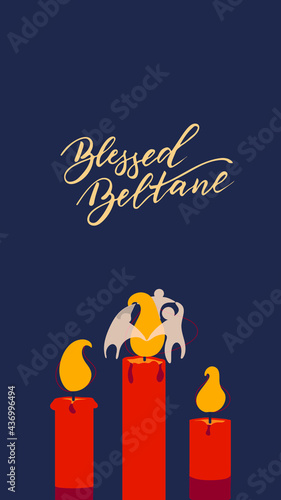 Blessed Beltane - vector illustration for wiccan celebration of may day, witchcraft ritual. For poster, card, banner.