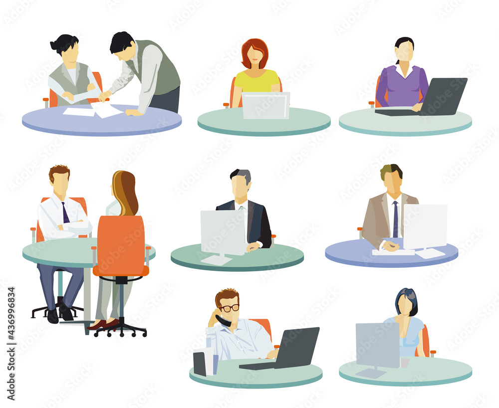 Arbeitsplätze im Büro, Menschen bei Schreibtisch Arbeiten, Illustration, Arbeitsplätze im Büro, Menschen bei Schreibtisch Arbeiten, Illustration,