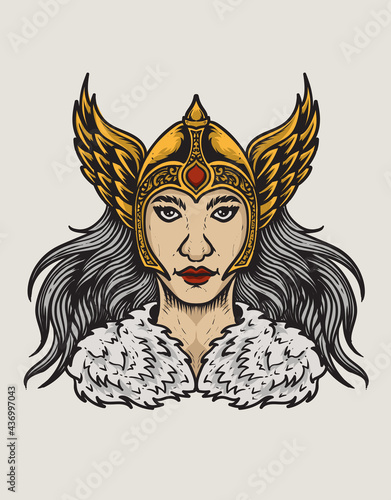 illustration valkyrie goddess head on white background