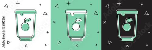 Set Yogurt container icon isolated on white and green, black background. Yogurt in plastic cup. Vector