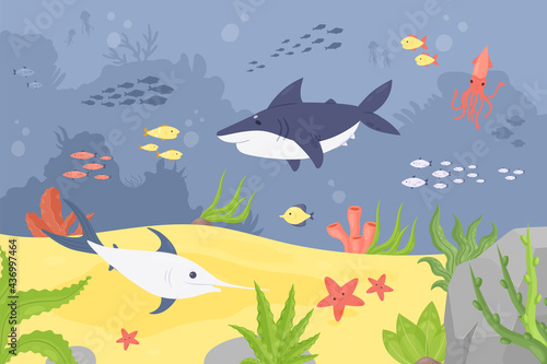 Undersea wildlife landscape  underwater world with coral reef fishes animals vector illustration. Cartoon blue tropical under water scenery and cute shark swordfish squid starfish seaweed background