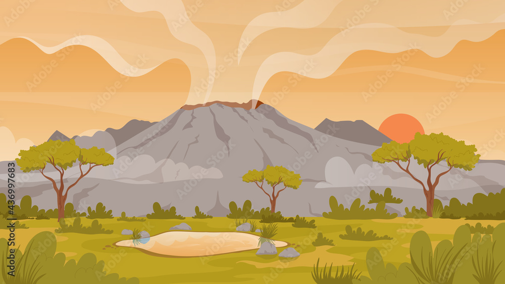 Volcano tropical nature landscape vector illustration. Cartoon mountain wild scenery at sunset, active volcano with smoke, exotic grass trees, natural disaster adventure scene background - obrazy, fototapety, plakaty 