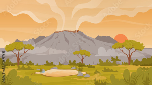 Volcano tropical nature landscape vector illustration. Cartoon mountain wild scenery at sunset, active volcano with smoke, exotic grass trees, natural disaster adventure scene background