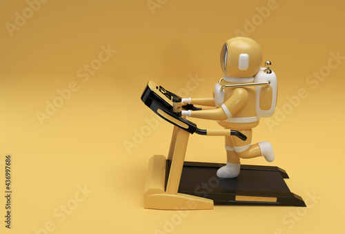 3d Rendering Astronaut Running Treadmill Machine on a Futuristic Background.