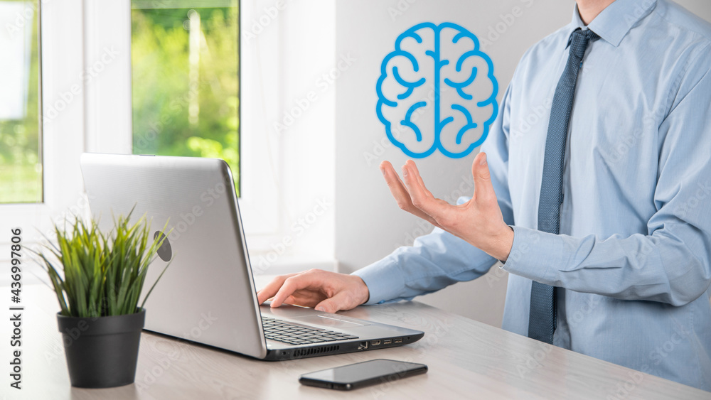 Businessman holding abstract brain and icon tools, device, customer network connection communication on virtual , innovative development future technology, science, innovation and business concept. Businessman holding abstract brain and icon tools, device, customer network connection communication on virtual , innovative development future technology, science, innovation and business concept.