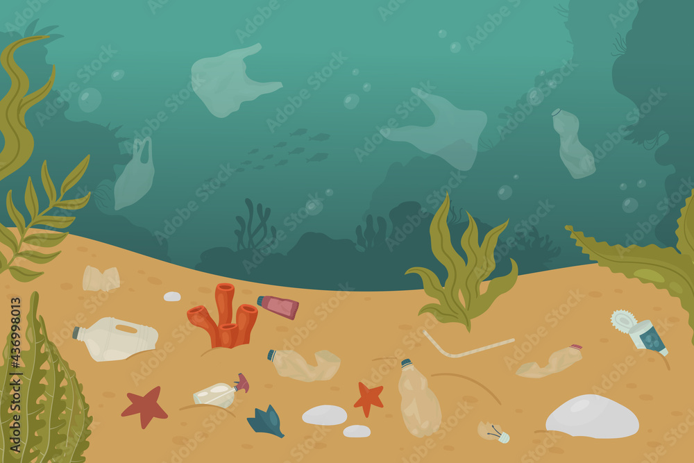 Polluted undersea underwater ocean sea dirty landscape, marine pollution ecology problem vector illustration. Cartoon plastic bottle, tin and bag trash garbage damage water environment background Stock Vector | Adobe Stock Polluted undersea underwater ocean sea dirty landscape, marine pollution ecology problem vector illustration. Cartoon plastic bottle, tin and bag trash garbage damage water environment background Stock Vector | Adobe Stock