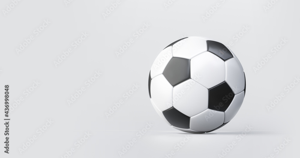 Obraz premium Soccer ball or football and sport equipment on white background with classic competition. 3D rendering.