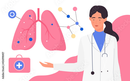 Medical checkup of respiratory system, patient lungs anatomy vector illustration. Cartoon woman doctor character warning of lungs breath health, exam diagnosis and pulmonology treatment background