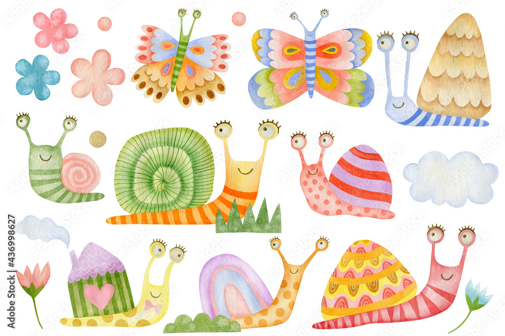 Fototapeta premium Watercolor set of snails isolated on white background.