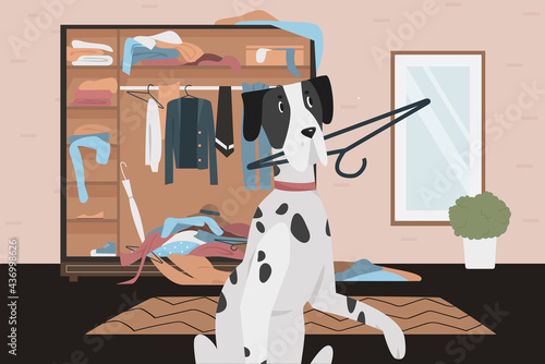 Guilty naughty dog with bad habits behavior vector illustration. Cartoon playful dalmatian dog holding clothes hanger in teeth, playing in wardrobe, home room interior in chaos mess from pet game