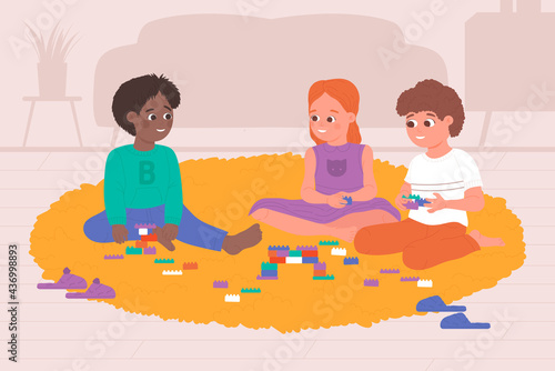 Kids play at home, sitting on nursery floor vector illustration. Cartoon preschool children friends playing game together, cute boy girl child holding toys, happy friendship activity background