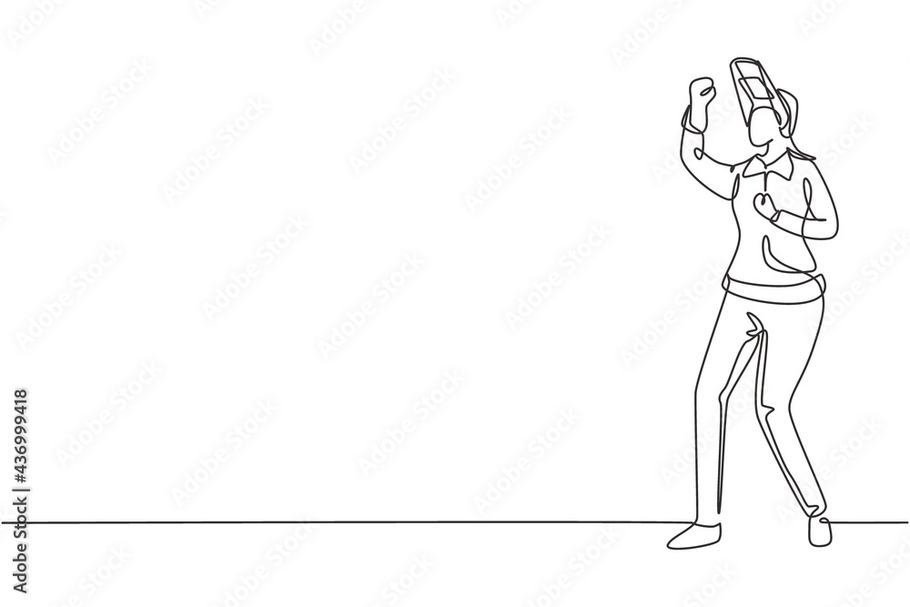 Continuous one line drawing female welder stands with celebrate gesture and face shield is removed ready to work in iron workshop. Success business. Single line draw design vector graphic illustration Continuous one line drawing female welder stands with celebrate gesture and face shield is removed ready to work in iron workshop. Success business. Single line draw design vector graphic illustration
