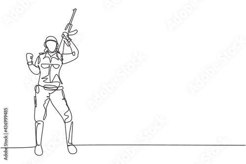 Single one line drawing female soldier stands with celebrate gesture, weapon and full uniform serving country with strength of military forces. Continuous line draw design graphic vector illustration